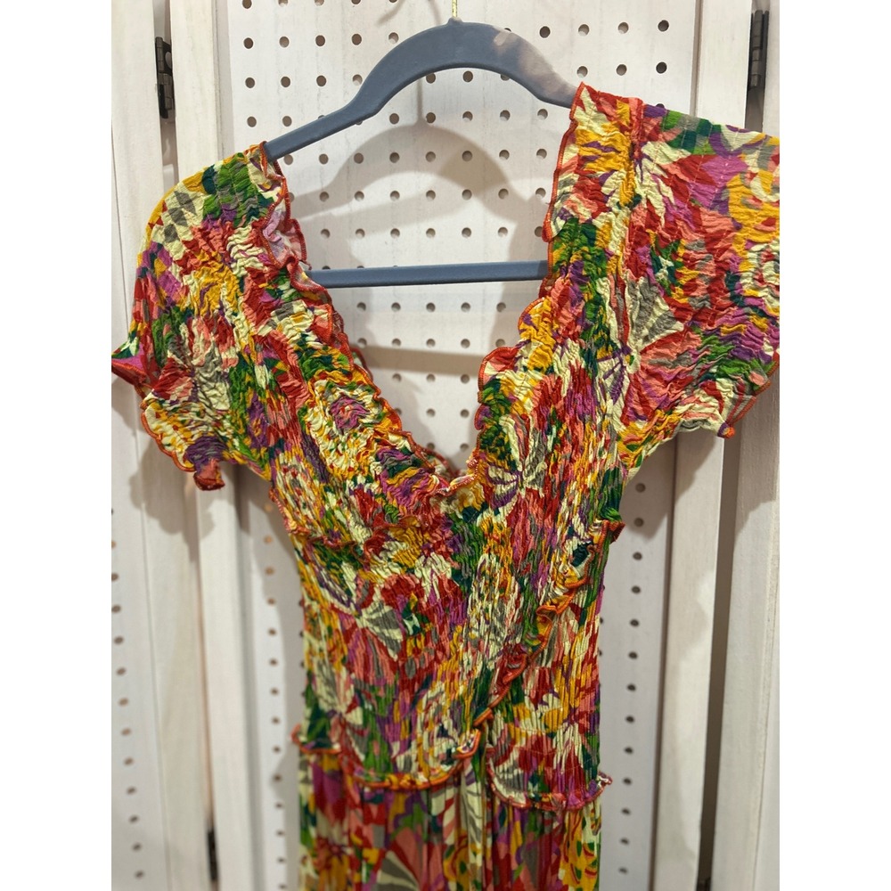 Luna‎ Llena Smocked Floral Maxi Dress Off Shoulder Ruffle V Neck Bohemian M - Picture 7 of 8